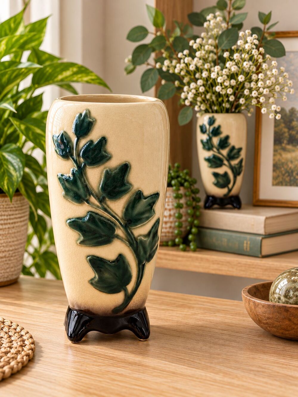 Vintage Royal Copley Green Ivy Leaf Ceramic Vase 7" Footed Ivory Pottery MCM